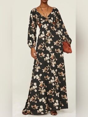 Sachin and Babi Maxi Dress Cassandra Black Satin Floral Long Sleeve